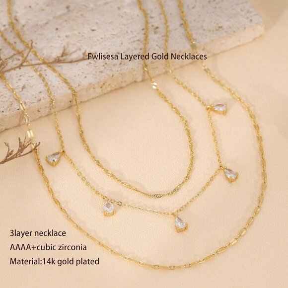 Layered Necklaces for Women Gold Plated Dainty Cubic Zirconia Choker Jewelry - Picture 6 of 6